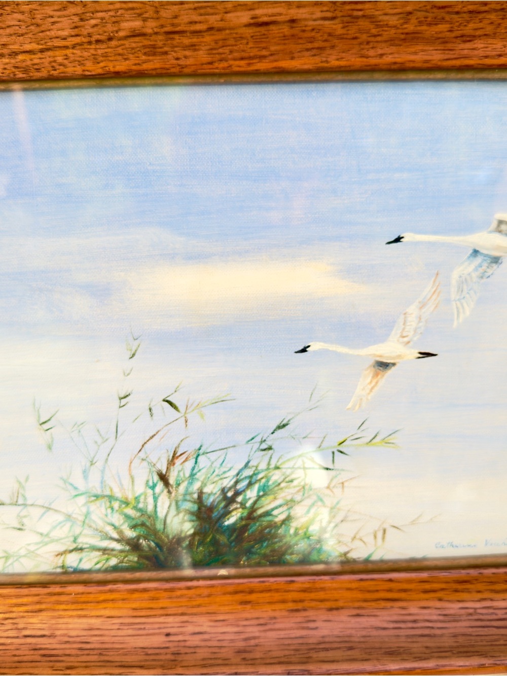 2 Cranes flying over a marshy shoreline Blue Sky Sun Peeking Oil/ Acrylic Signed